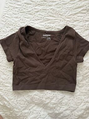 Garage Chocolate Brown Ribbed V-Neck Crop Top